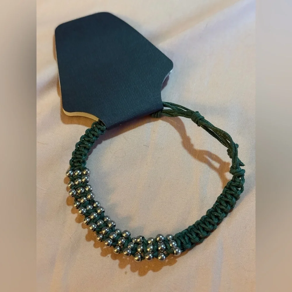 Green Braided Bracelet with Silver Beads